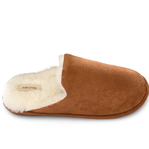 State of Day Shoes - State of Day Womens Chestnut Faux Suede Fur Lined Scuff Slippers Sz Large 9-10